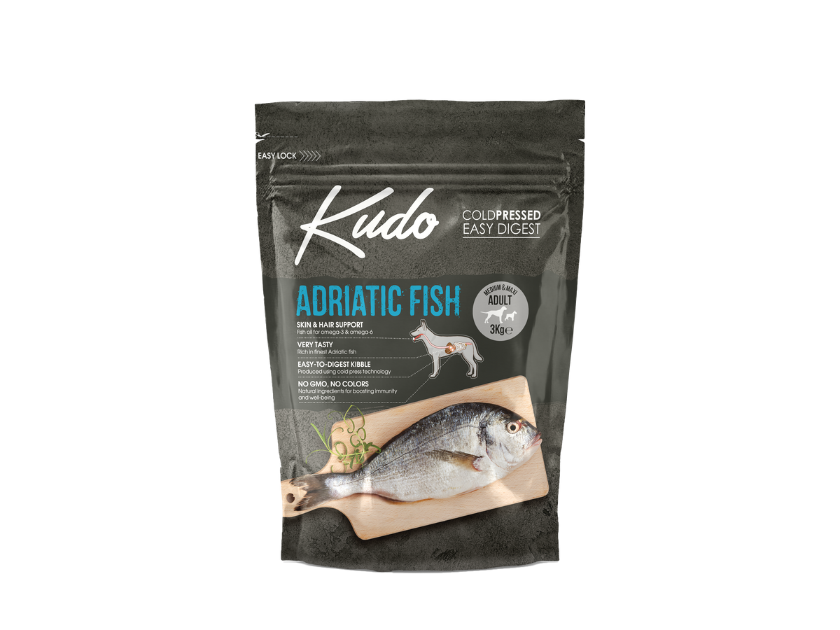 3kg Kudo Adriatic Fish Medium & Maxi Adult: Kaltgepresstes Hundefutter mit Fisch für ausgewachsene mittelgroße und große Hunde.