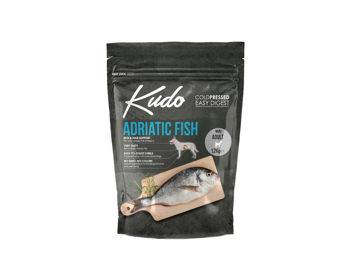 1,2kg Kudo Adriatic Fish Mini Adult: Kaltgepresstes Hundefutter mit Fisch für ausgewachsene Hunde kleiner Rassen.
