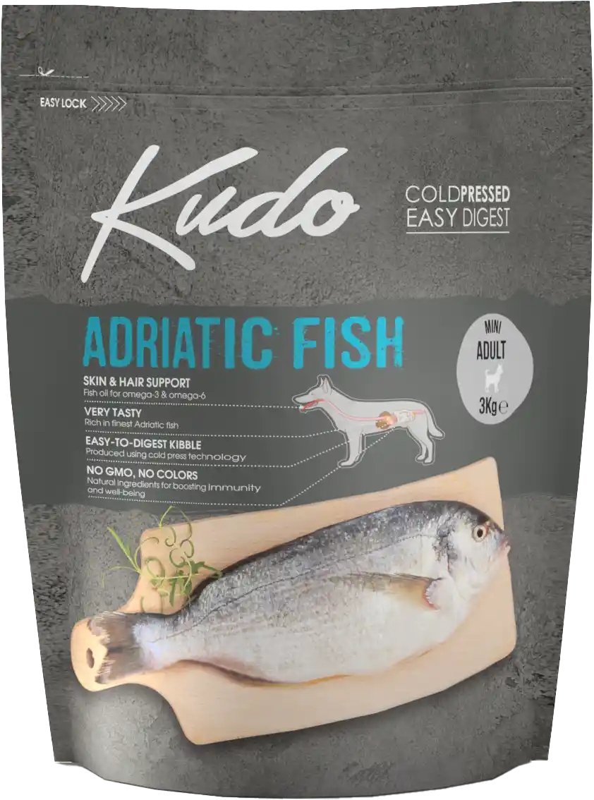 3kg Kudo Adriatic Fish Mini Adult: Kaltgepresstes Hundefutter mit Fisch für ausgewachsene Hunde kleiner Rassen.