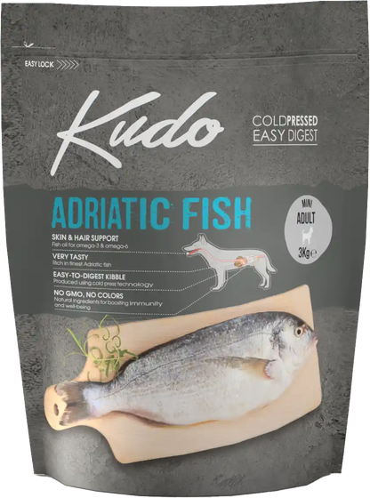 3kg Kudo Adriatic Fish Mini Adult: Kaltgepresstes Hundefutter mit Fisch für ausgewachsene Hunde kleiner Rassen.