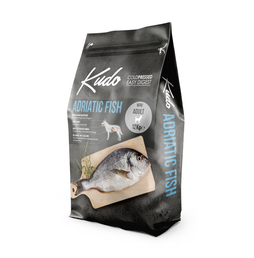Kudo Adriatic Fish Mini Adult – Getreidefreies kaltgepresstes Hundefutter mit Fisch aus der Adria für kleine Hunde.