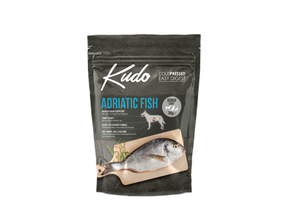 3kg Kudo Adriatic Fish Senior Light: Kaltgepresstes Hundefutter mit Fisch für ältere und übergewichtige Hunde.