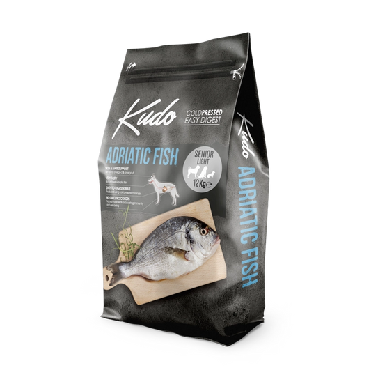Kudo Adriatic Fish Senior Light – Getreidefreies kaltgepresstes Hundefutter mit Fisch aus der Adria für ältere und übergewichtige Hunde.
