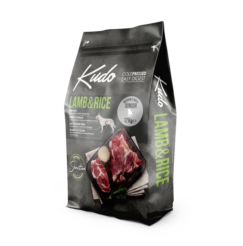Kudo Lamb & Rice Medium & Maxi Junior – Kaltgepresstes Hundefutter mit Lamm und Reis für Welpen und Junghunde mittelgroßer und großer Rassen.
