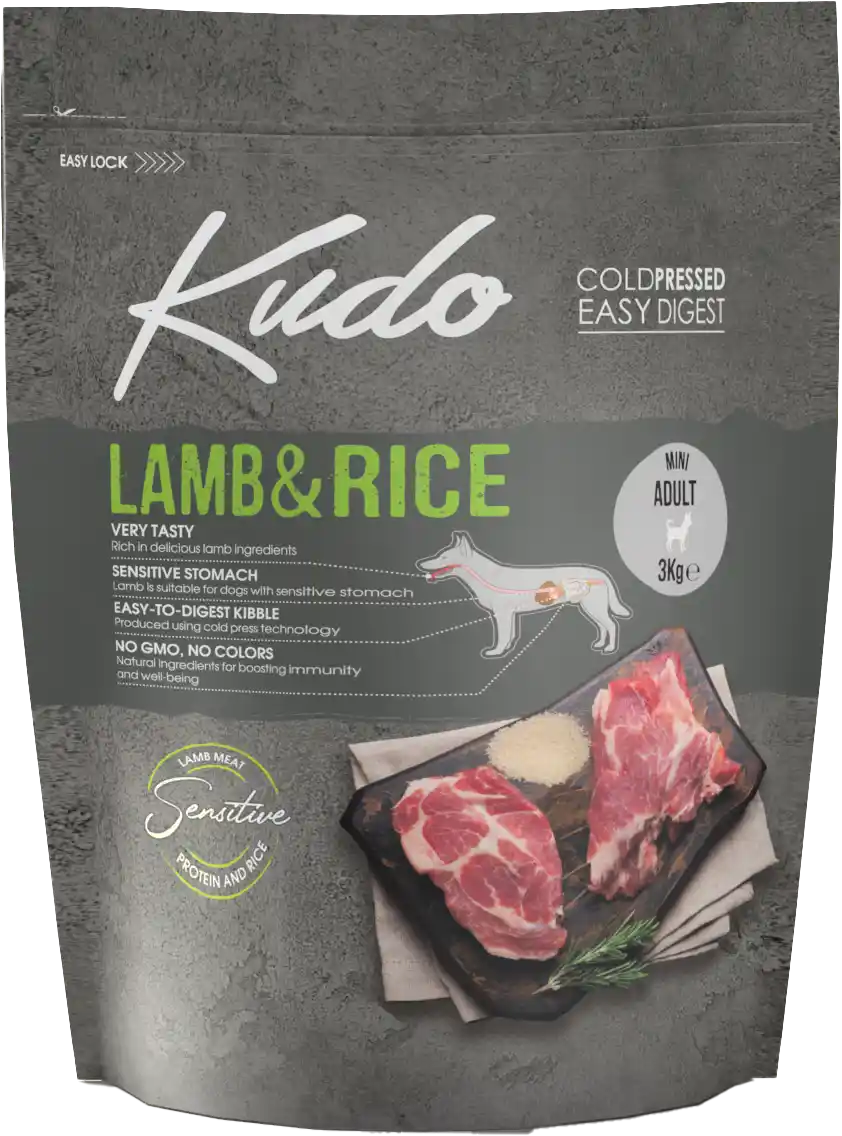 3kg Kudo Lamb & Rice Mini Adult: Kaltgepresstes Hundefutter mit Lamm und Reis für ausgewachsene Hunde kleiner Rassen.