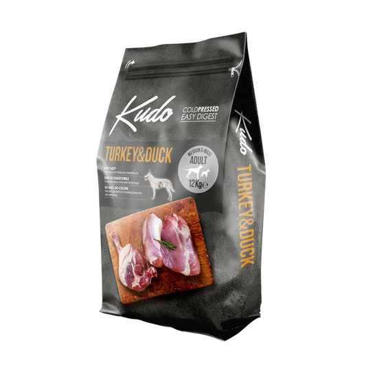 Kudo Turkey & Duck Medium & Maxi Adult – Getreidefreies kaltgepresstes Hundefutter mit Pute und Ente für mittelgroße und große Hunde.