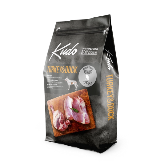 Kudo Turkey & Duck Medium & Maxi Junior – Getreidefreies kaltgepresstes Hundefutter mit Pute und Ente für Welpen und Junghunde mittelgroßer und großer Rassen.