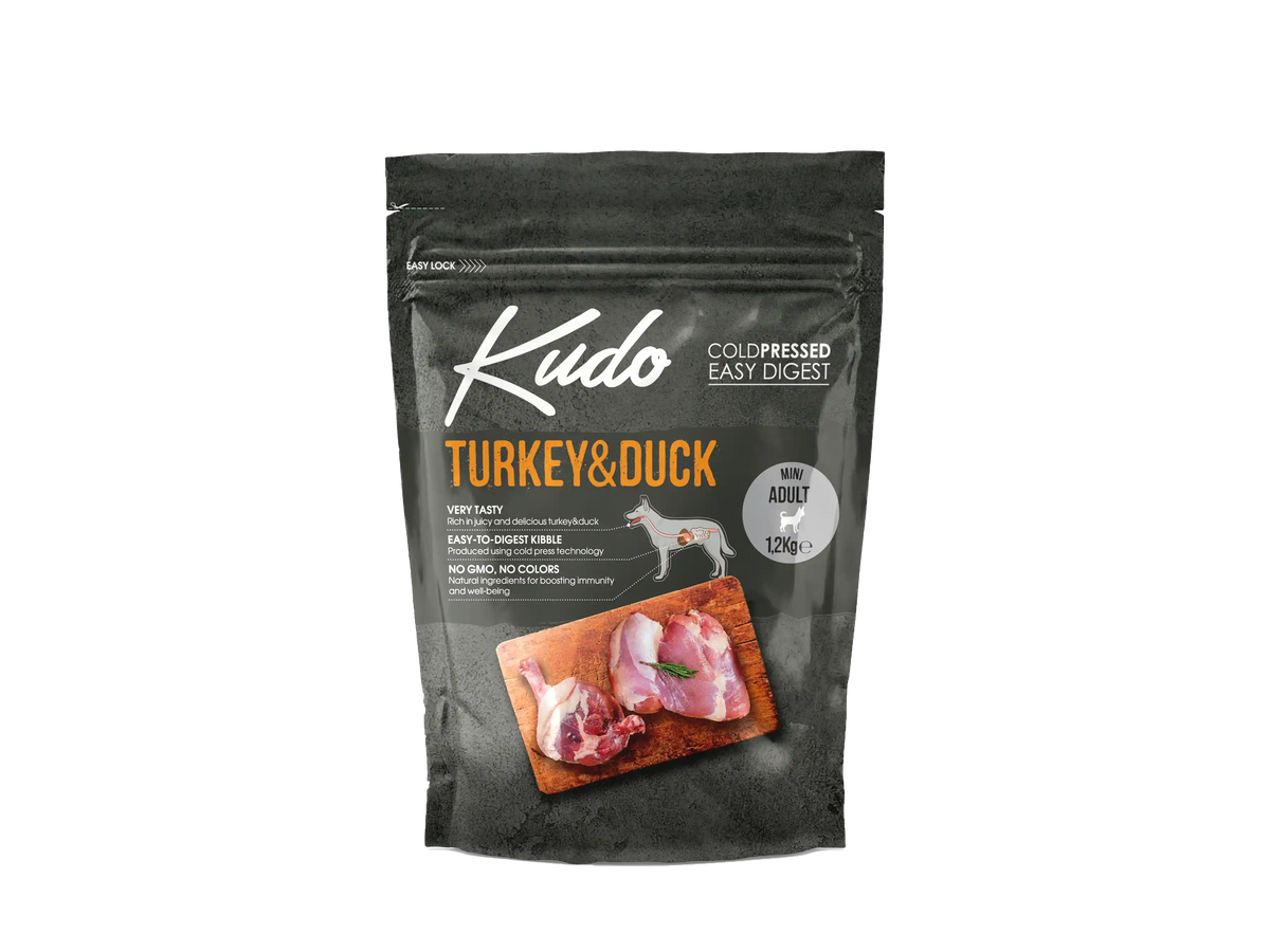 1,2kg Kudo Turkey & Duck Mini Adult: Kaltgepresstes Hundefutter mit Pute und Ente für ausgewachsene Hunde kleiner Rassen.