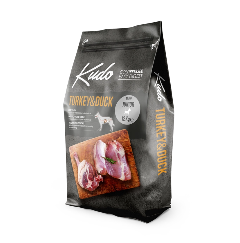 Kudo Turkey & Duck Mini Junior – Getreidefreies kaltgepresstes Hundefutter mit Pute und Ente für Welpen und Junghunde kleiner Rassen. 