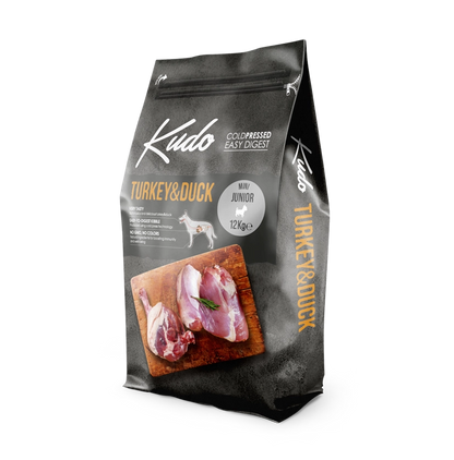 Kudo Turkey & Duck Mini Junior – Getreidefreies kaltgepresstes Hundefutter mit Pute und Ente für Welpen und Junghunde kleiner Rassen. 