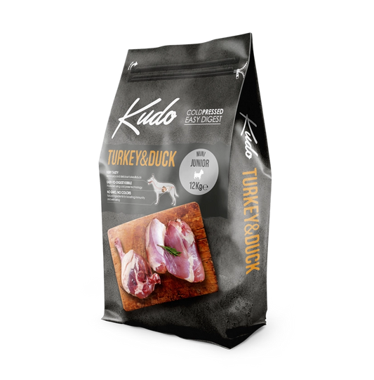 Kudo Turkey & Duck Mini Junior – Getreidefreies kaltgepresstes Hundefutter mit Pute und Ente für Welpen und Junghunde kleiner Rassen. 