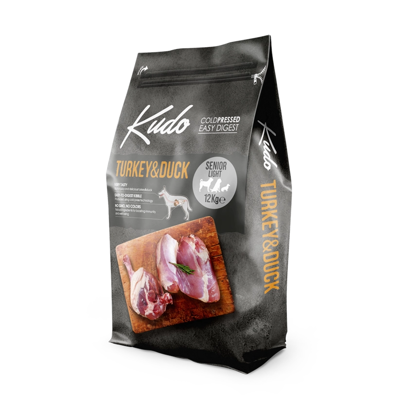 Kudo Turkey & Duck Senior Light – Getreidefreies kaltgepresstes Hundefutter mit Pute und Ente für ältere und übergewichtige Hunde.