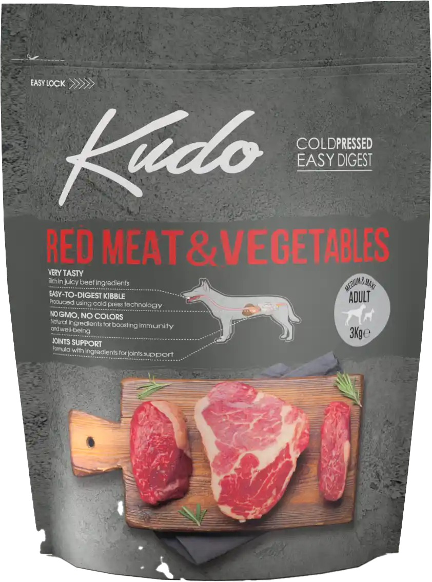 3kg Kudo Red Meat & Vegetables Medium & Maxi Adult: Kaltgepresstes Hundefutter mit rotem Fleisch und Gemüse für ausgewachsene mittelgroße und große Hunde.