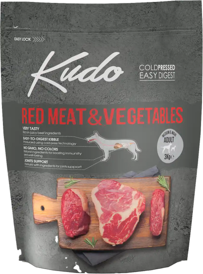 3kg Kudo Red Meat & Vegetables Medium & Maxi Adult: Kaltgepresstes Hundefutter mit rotem Fleisch und Gemüse für ausgewachsene mittelgroße und große Hunde.