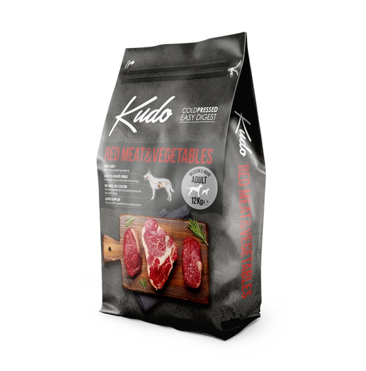 Kudo Red Meat & Vegetables Medium & Maxi Adult – Kaltgepresstes Hundefutter mit rotem Fleisch und Gemüse für mittelgroße und große Hunde.