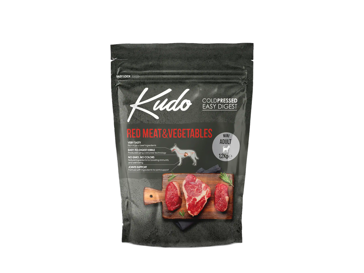 1,2kg Kudo Red Meat & Vegetables Mini Adult: Kaltgepresstes Hundefutter mit rotem Fleisch und Gemüse für ausgewachsene Hunde kleiner Rassen.