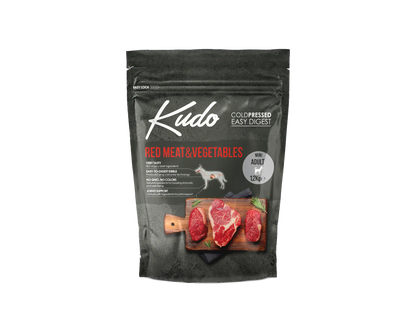 1,2kg Kudo Red Meat & Vegetables Mini Adult: Kaltgepresstes Hundefutter mit rotem Fleisch und Gemüse für ausgewachsene Hunde kleiner Rassen.