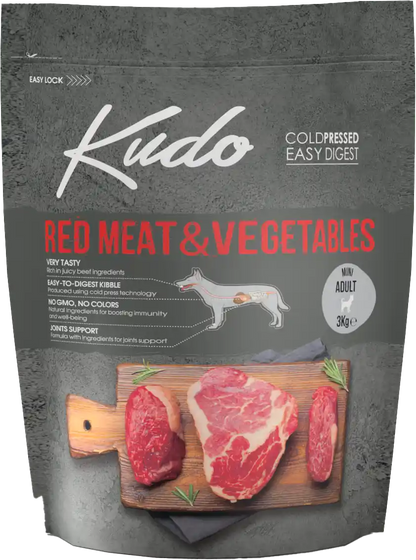 3kg Kudo Red Meat & Vegetables Mini Adult: Kaltgepresstes Hundefutter mit rotem Fleisch und Gemüse für ausgewachsene Hunde kleiner Rassen.