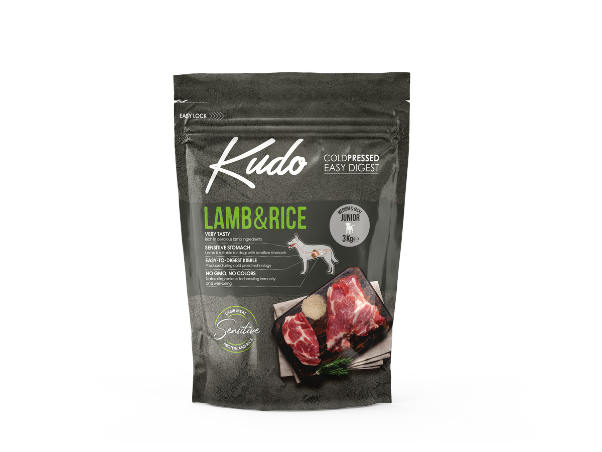3kg Kudo Lamb & Rice Medium & Maxi Junior: Kaltgepresstes Welpenfutter mit Lamm und Reis für mittelgroße und große Rassen.