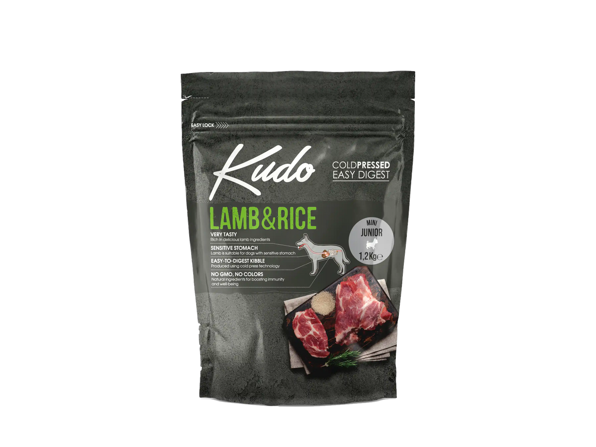 1,2kg Kudo Lamb & Rice Mini Junior: Kaltgepresstes Welpenfutter mit Lamm und Reis für kleine Rassen.