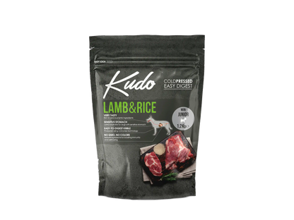 1,2kg Kudo Lamb & Rice Mini Junior: Kaltgepresstes Welpenfutter mit Lamm und Reis für kleine Rassen.