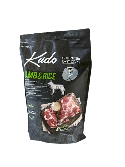 3kg Kudo Lamb & Rice Mini Junior: Kaltgepresstes Welpenfutter mit Lamm und Reis für kleine Rassen.