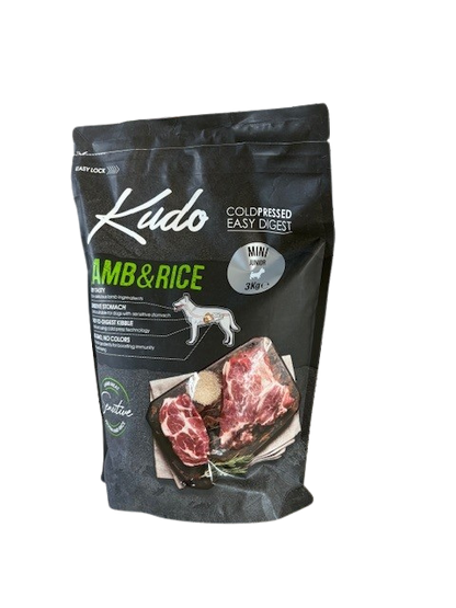 3kg Kudo Lamb & Rice Mini Junior: Kaltgepresstes Welpenfutter mit Lamm und Reis für kleine Rassen.