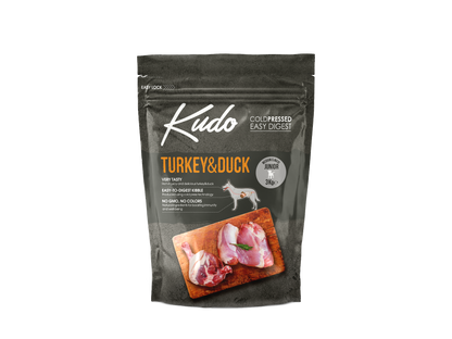 3kg Kudo Turkey & Duck Medium & Maxi Junior: Kaltgepresstes Welpenfutter mit Pute und Ente für mittelgroße und große Rassen.
