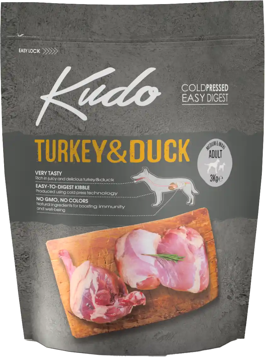 3kg Kudo Turkey & Duck Medium & Maxi Adult: Kaltgepresstes Hundefutter mit Pute und Ente für ausgewachsene mittelgroße und große Hunde.