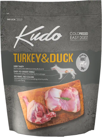 3kg Kudo Turkey & Duck Medium & Maxi Adult: Kaltgepresstes Hundefutter mit Pute und Ente für ausgewachsene mittelgroße und große Hunde.