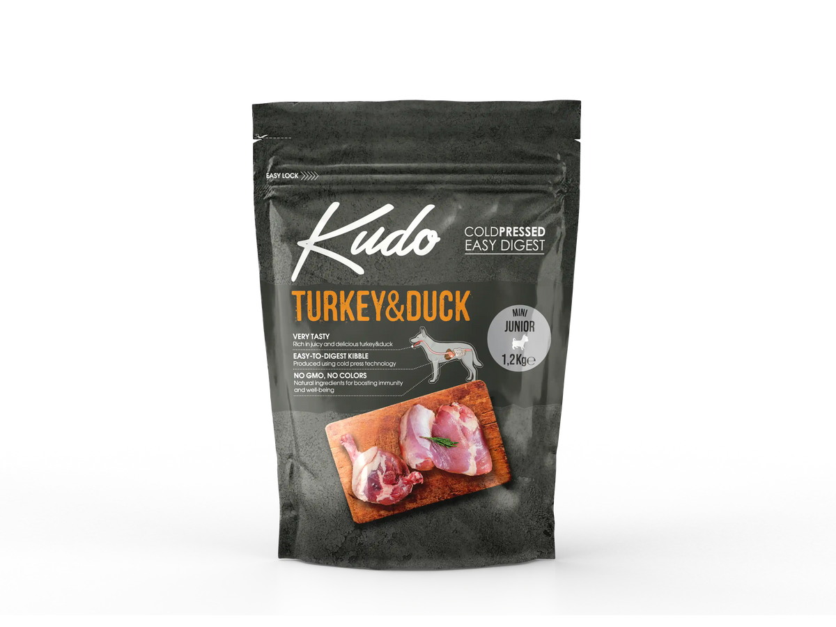 1,2kg Kudo Turkey & Duck Mini Junior: Kaltgepresstes Welpenfutter mit Pute und Ente für kleine Rassen.