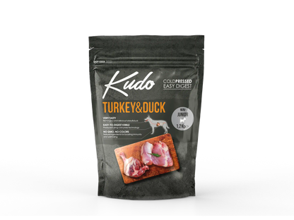 1,2kg Kudo Turkey & Duck Mini Junior: Kaltgepresstes Welpenfutter mit Pute und Ente für kleine Rassen.