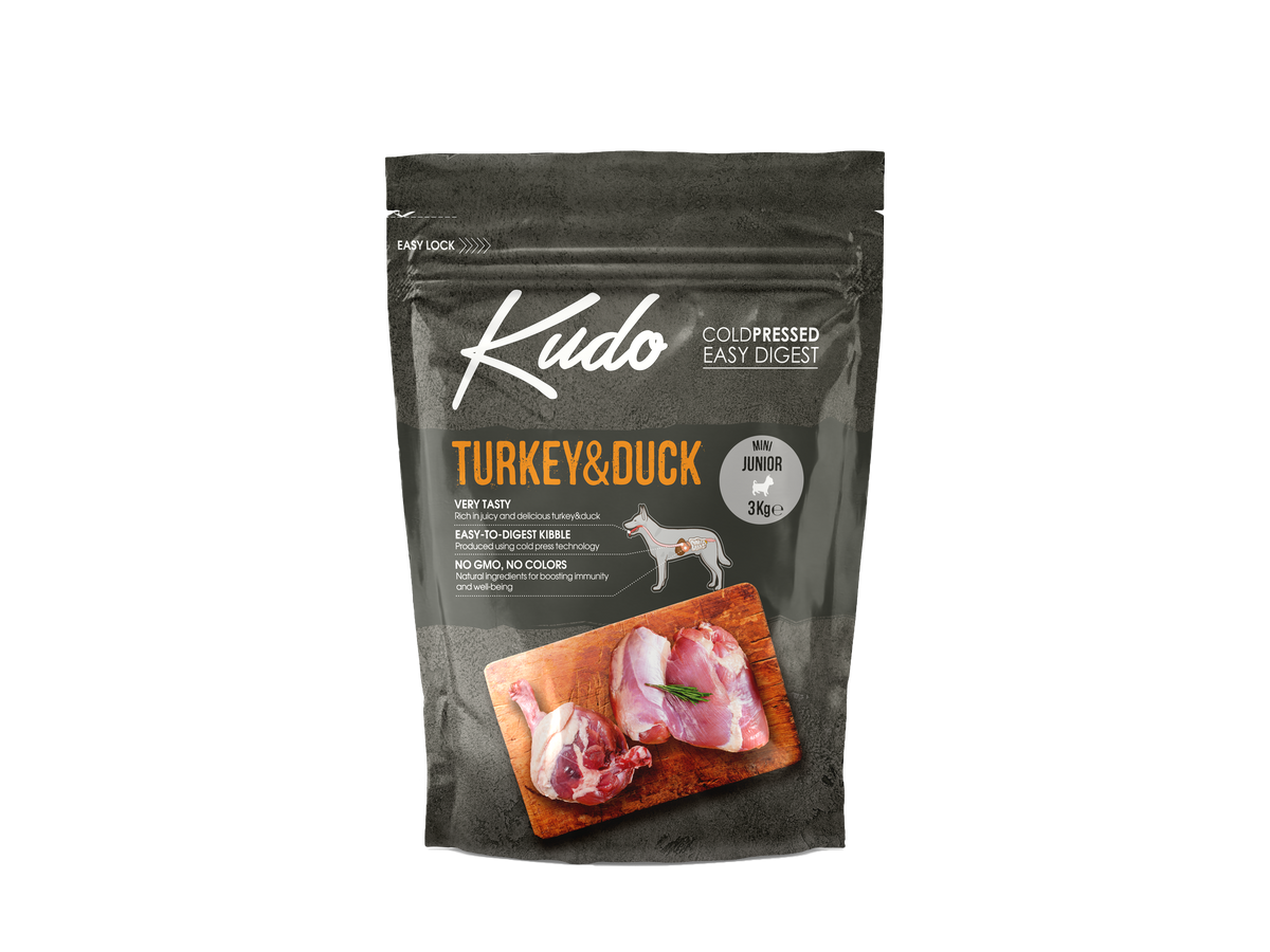 3kg Kudo Turkey & Duck Mini Junior: Kaltgepresstes Welpenfutter mit Pute und Ente für Welpen kleiner Rassen.
